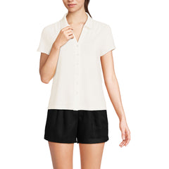 Women's Tall Linen Blend Short Sleeve Button Front Polo Top