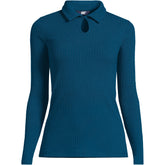 Women's Plus Size Long Sleeve Pointelle Rib Keyhole Polo Top