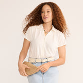 Women's Tall Linen Blend Short Sleeve Button Front Polo Top