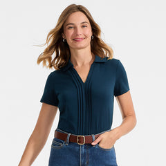 Women's Short Sleeve Lightweight Jersey Pintuck Open Collar Polo