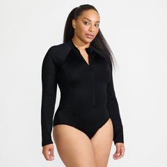 Women's Plus Size Tugless Long Sleeve Rash Guard One Piece Swimsuit